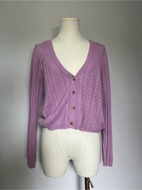 Tilly's Lavender Open-Knit V-Neck Button Cardigan